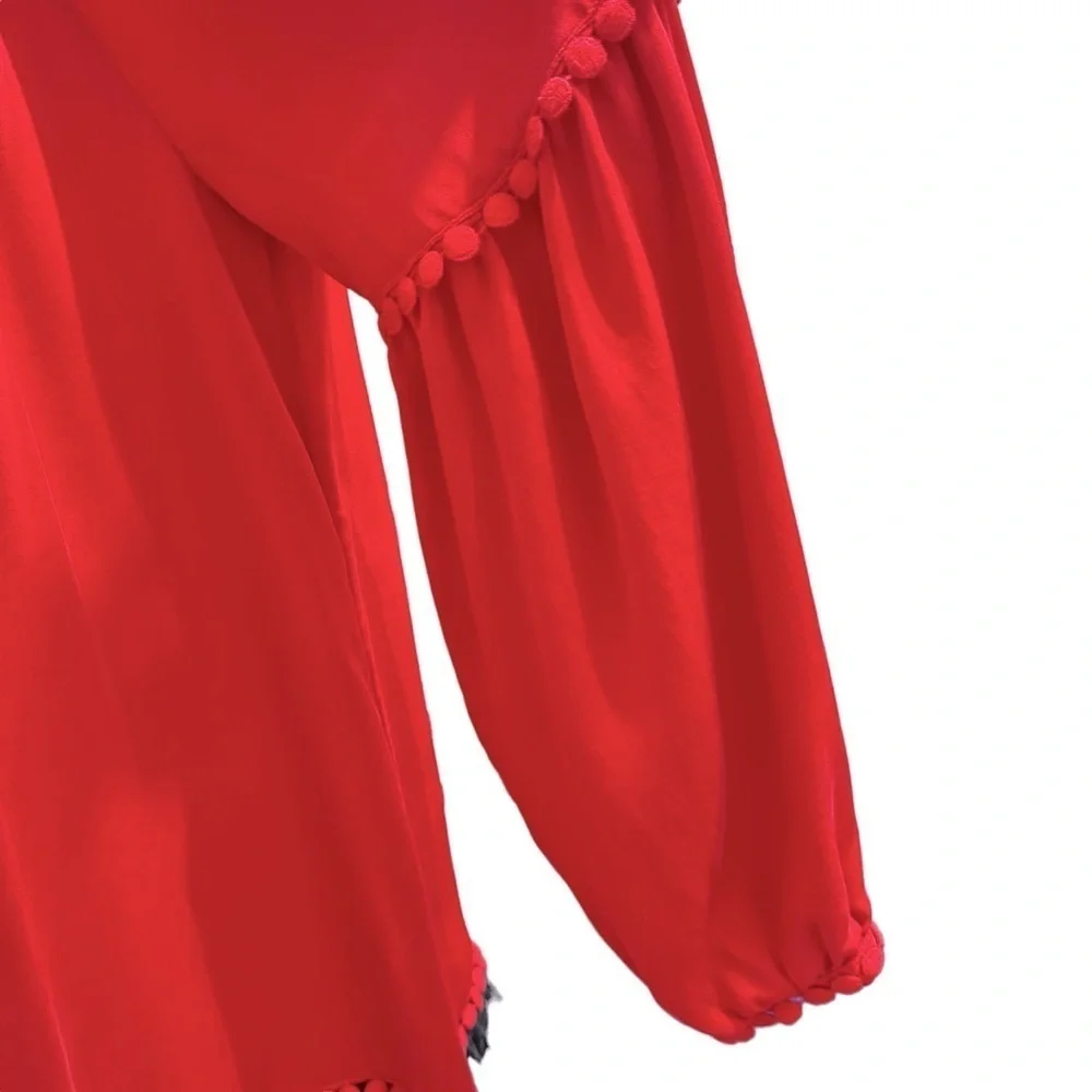 Tory Burch Sylvie blouse Boho /Peasant/Tie Blouse Top‎ RED Fringe Tassel Sz 10